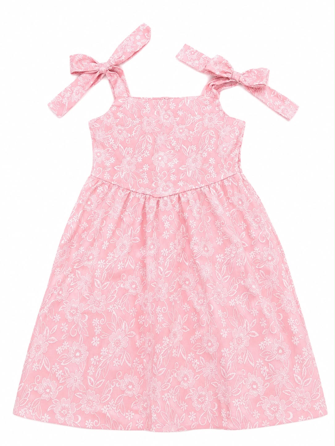 Vestido niña rosa con estampado floral y moños en los tirantes