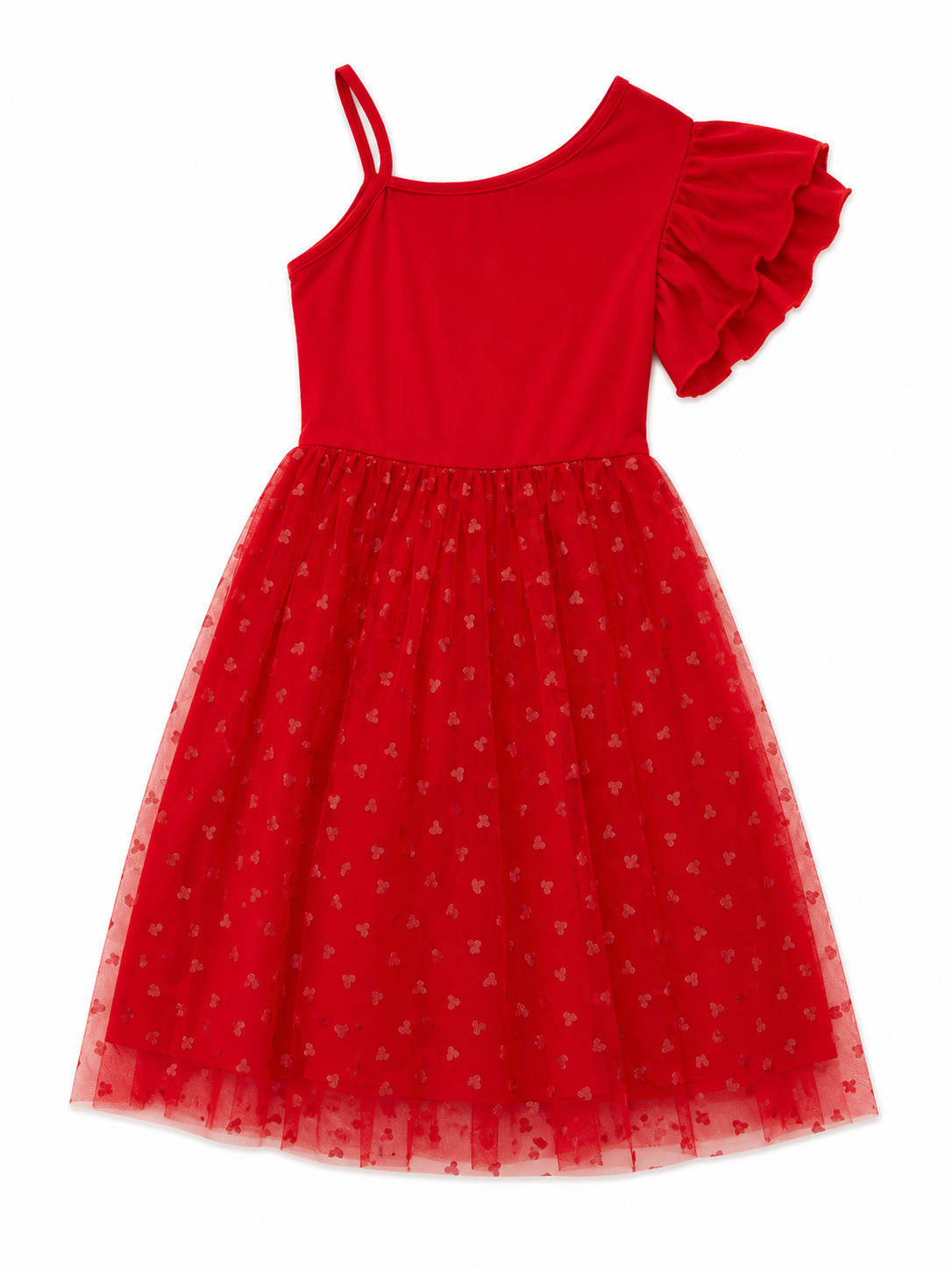 Vestido niña de un hombro con falda de tul y manga con olan
