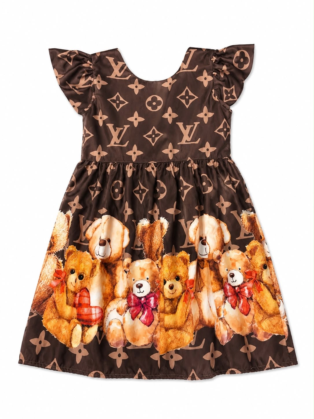 Vestido niña café con estampado de ositos