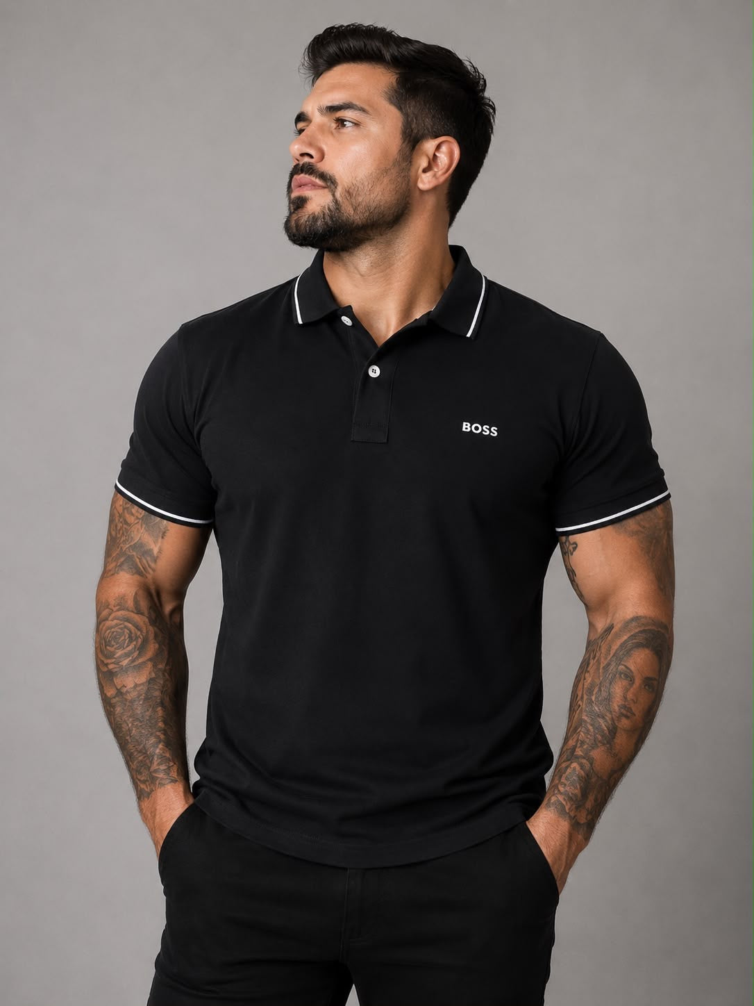 Playera caballero Tipo polo Negra con Detalles Blancos y Bordado Frontal B@SS