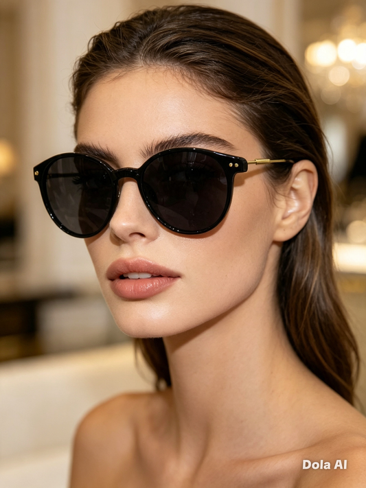Lentes dama redondos negros con varilla dorada