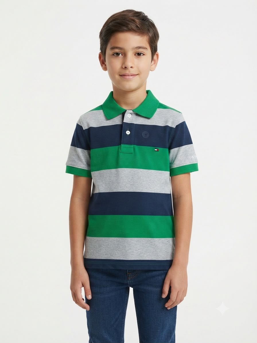 Playera niño tipo polo rayas verde, gris y azul marino