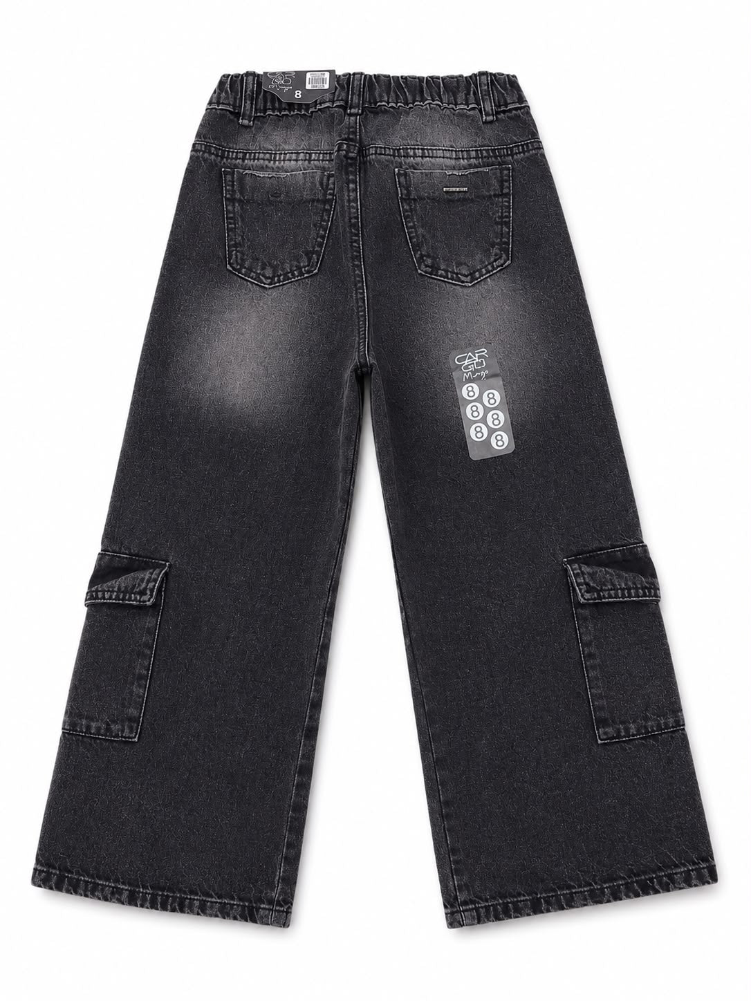Pantalón niña cargo mezclilla negre con efecto deslavado
