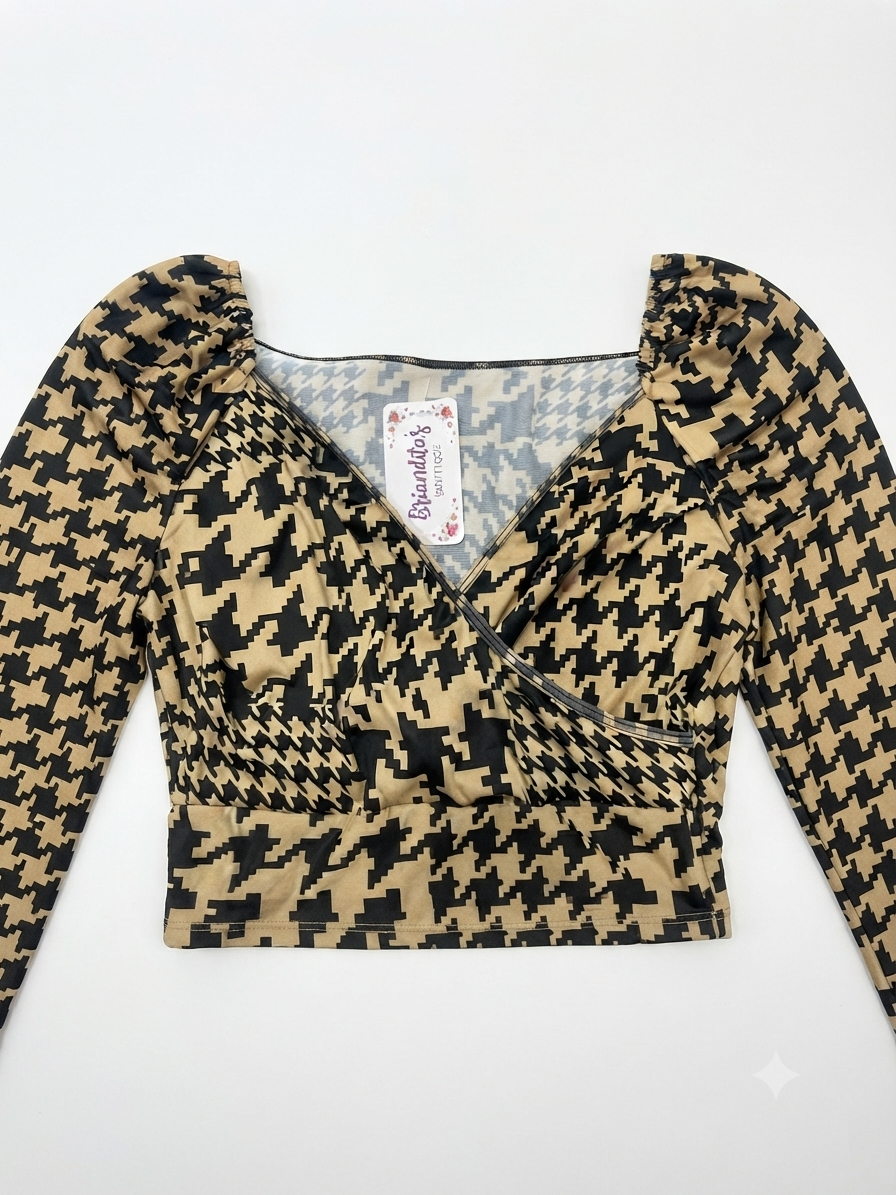 Blusa Dama OFERTA Cruzada Manga Larga Estampado Pata de Gallo
