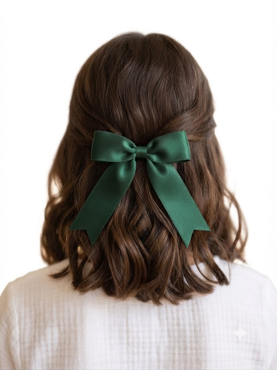 Moño chico niña verde esmeralda con tiras largas