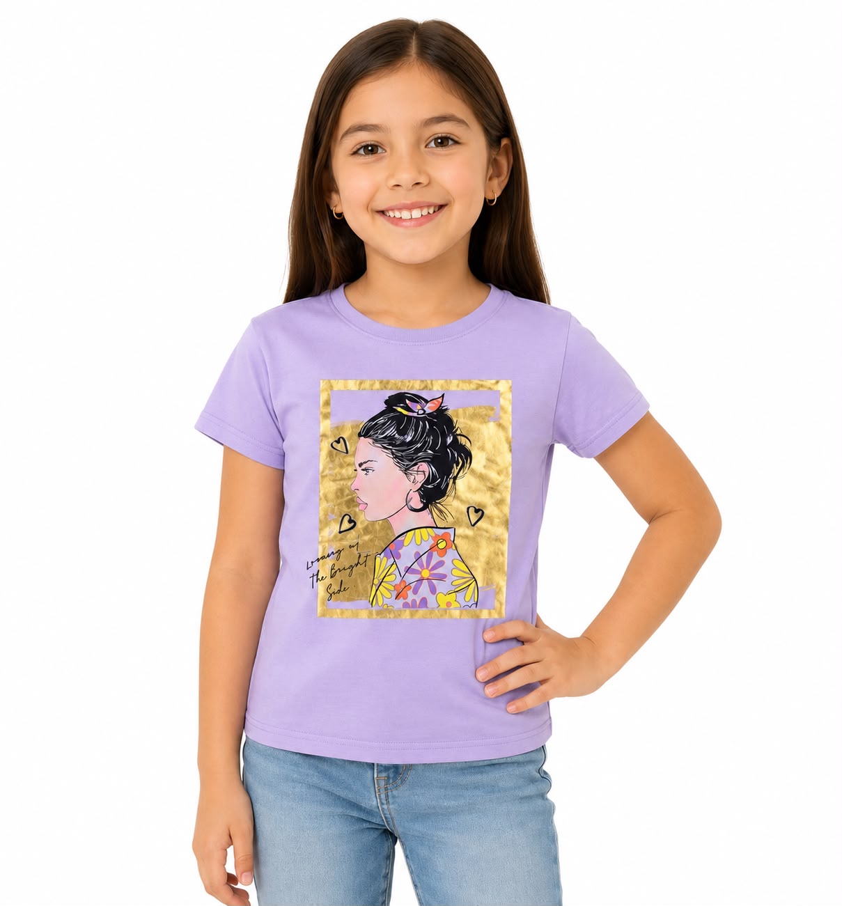 Playera niña lila con estampado gráfico