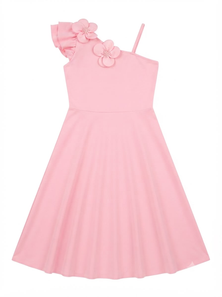 Vestido rosa de un hombro con flores