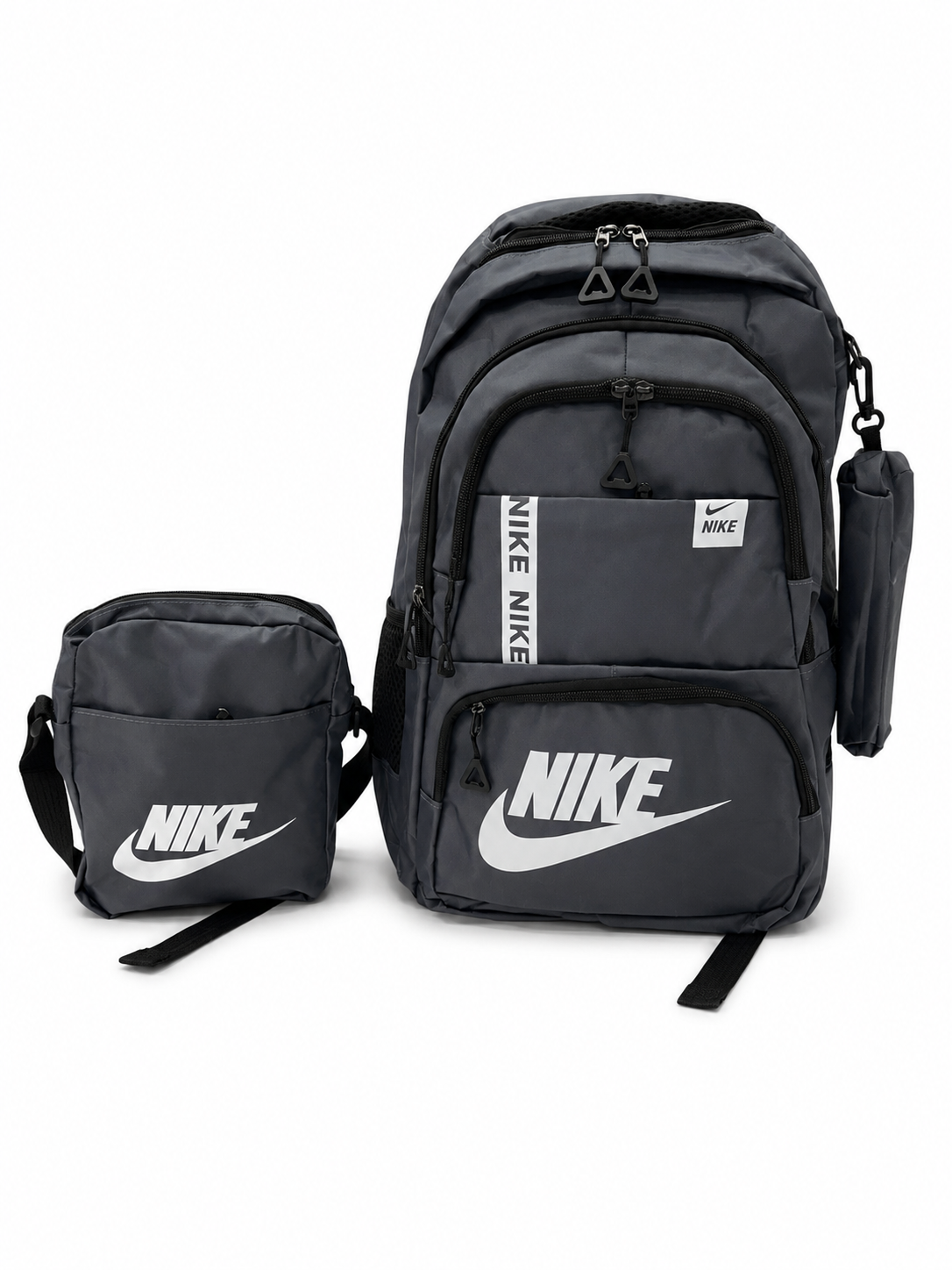 Set Mochila juvenil deportiva gris con estuche organizador y lapicera