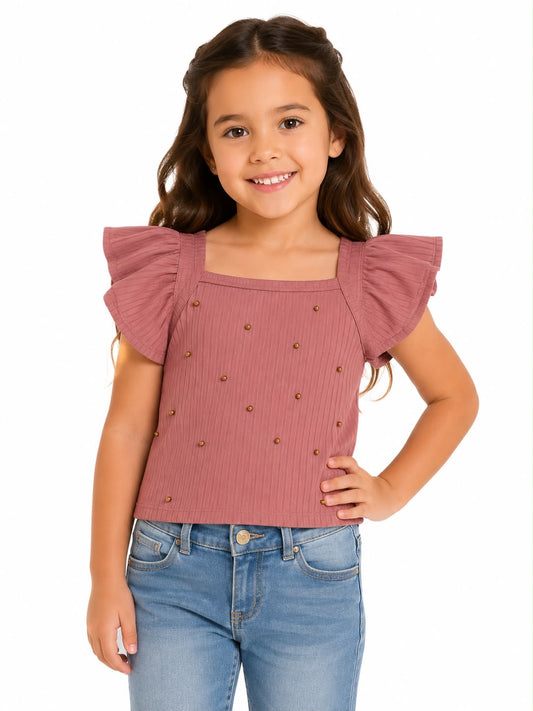 Blusa niña rosa viejo con mangas y detalles dorados