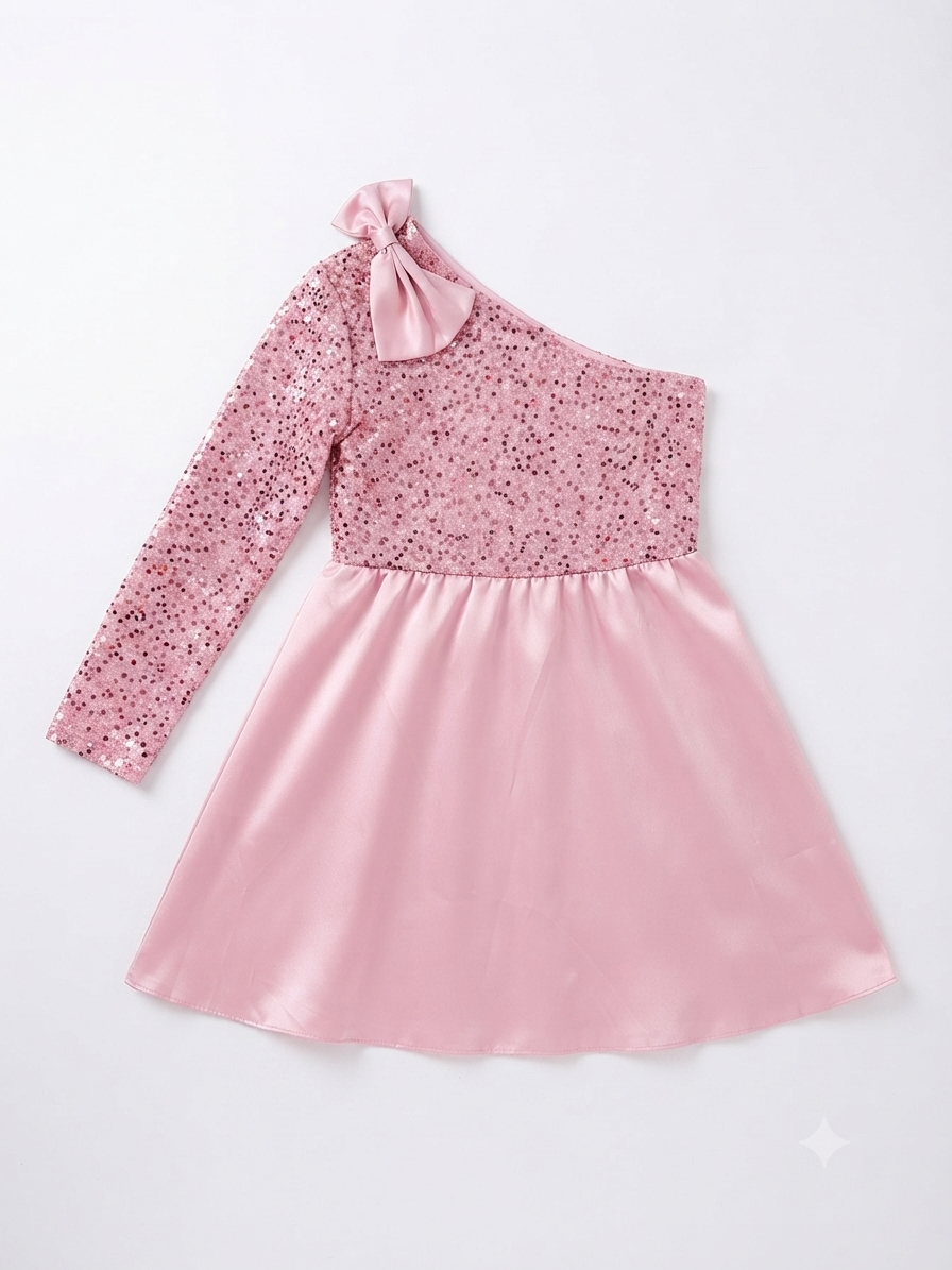 Vestido niña de un hombro con lentejuelas y moño decorativo