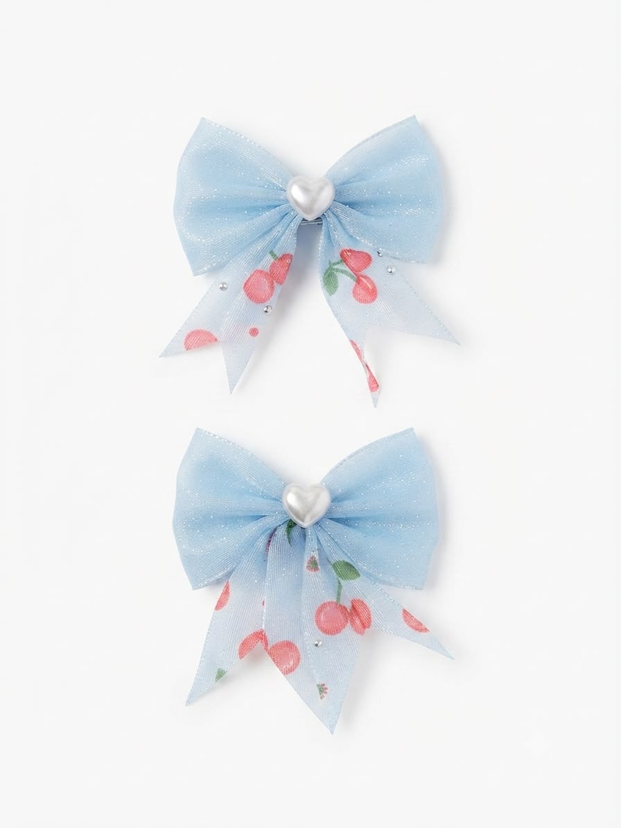 Moño Par Niña Azul Cielo con Cerezas