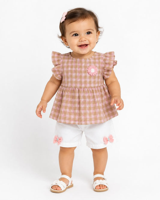 Set niña meses con blusa a cuadros y short blanco