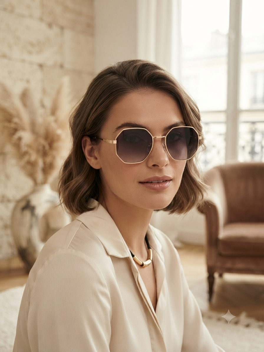 Lentes dama octagonales dorados con mica gris