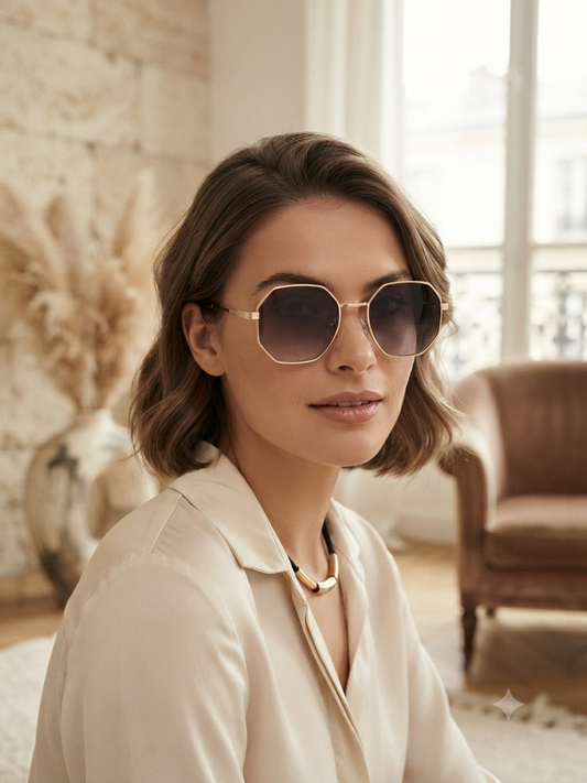 Lentes dama octagonales dorados con mica gris