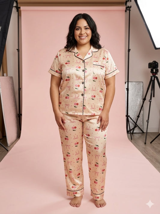 Pijama Dama satinada estampado cerezas y moñitos