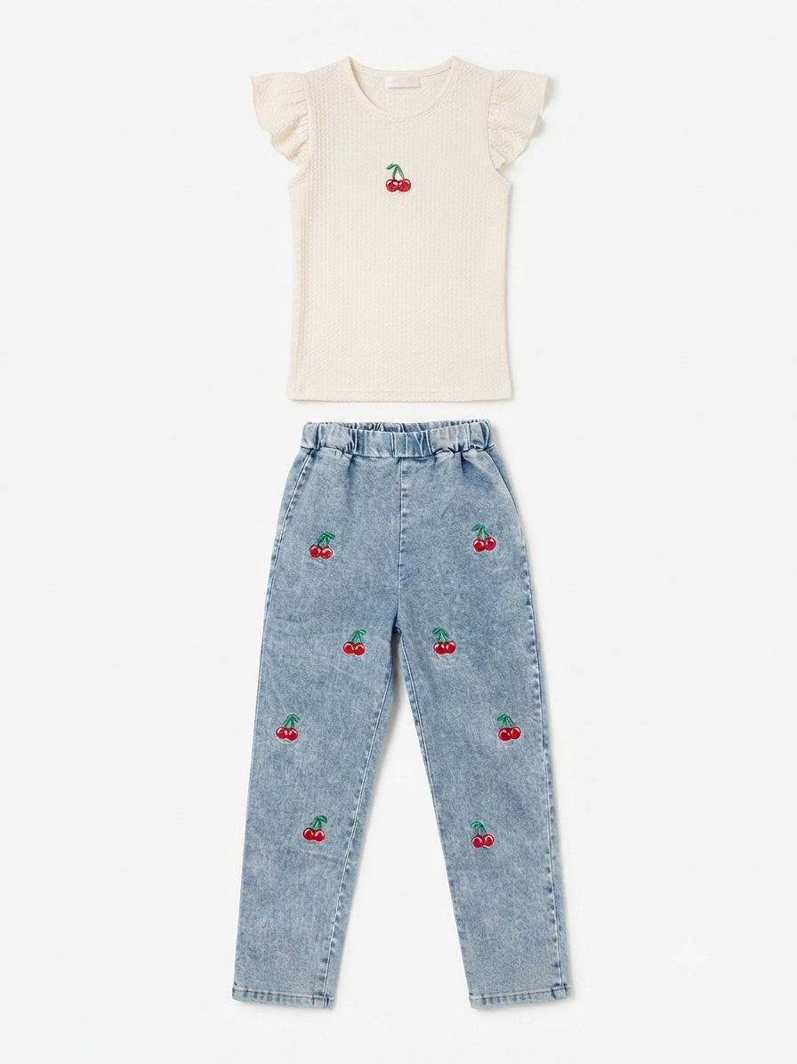 Set niña blusa con cerezas y pantalón de mezclilla bordado