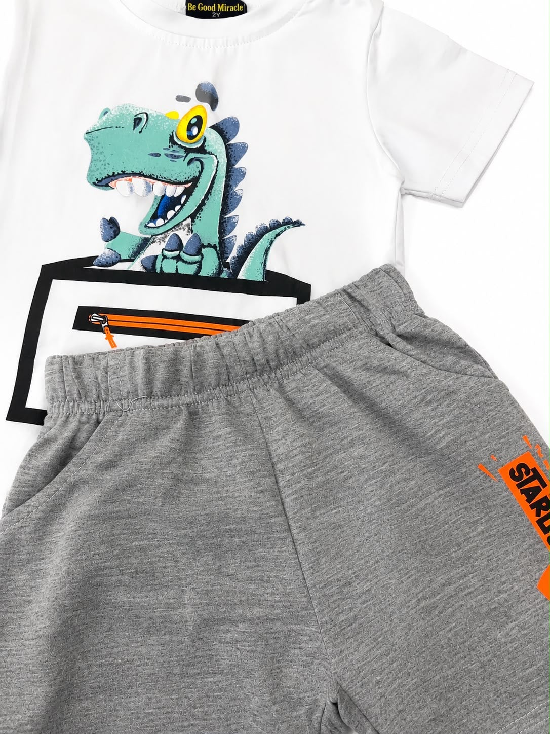 Set niño playera dinosaurio blanca con short gris
