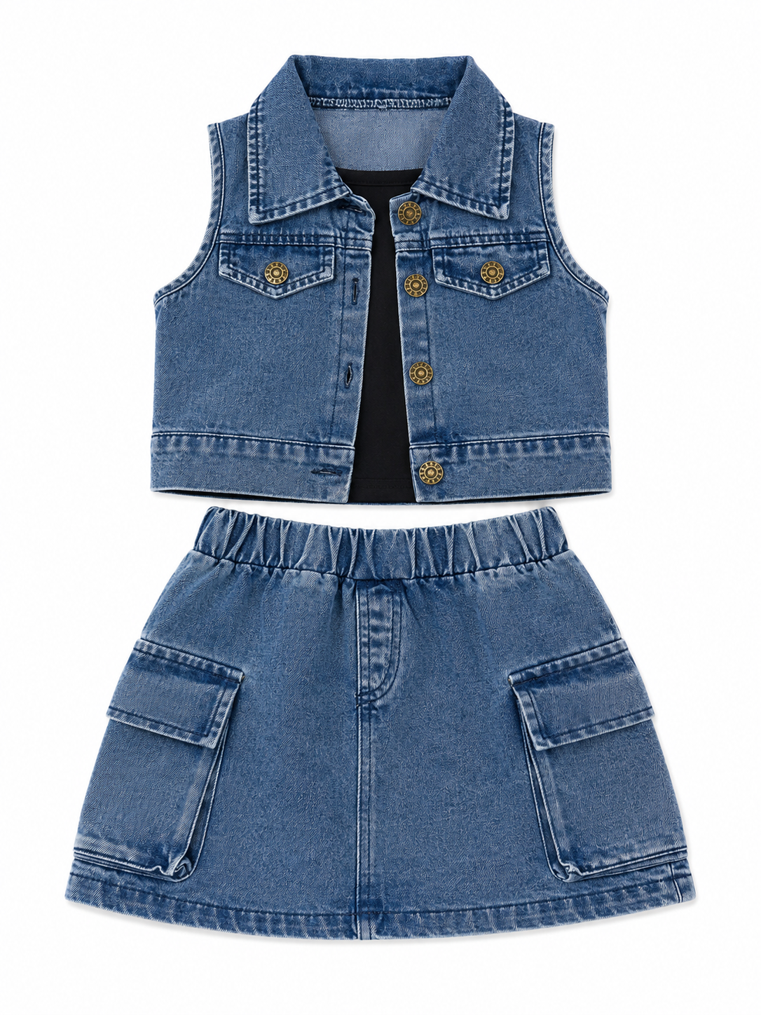 Set niña de mezclilla con chaleco y falda cargo