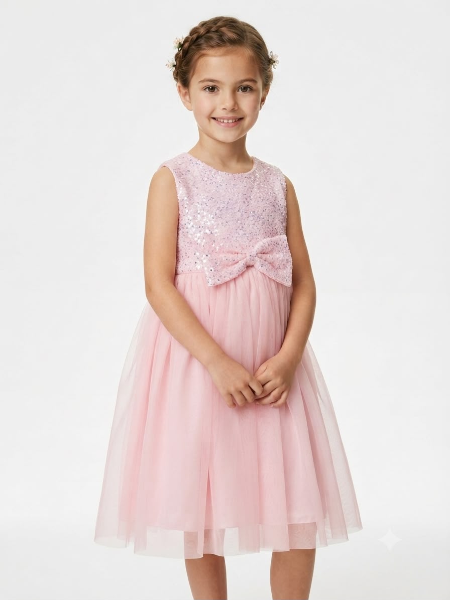 Vestido niña rosa de tul con lentejuelas y moño