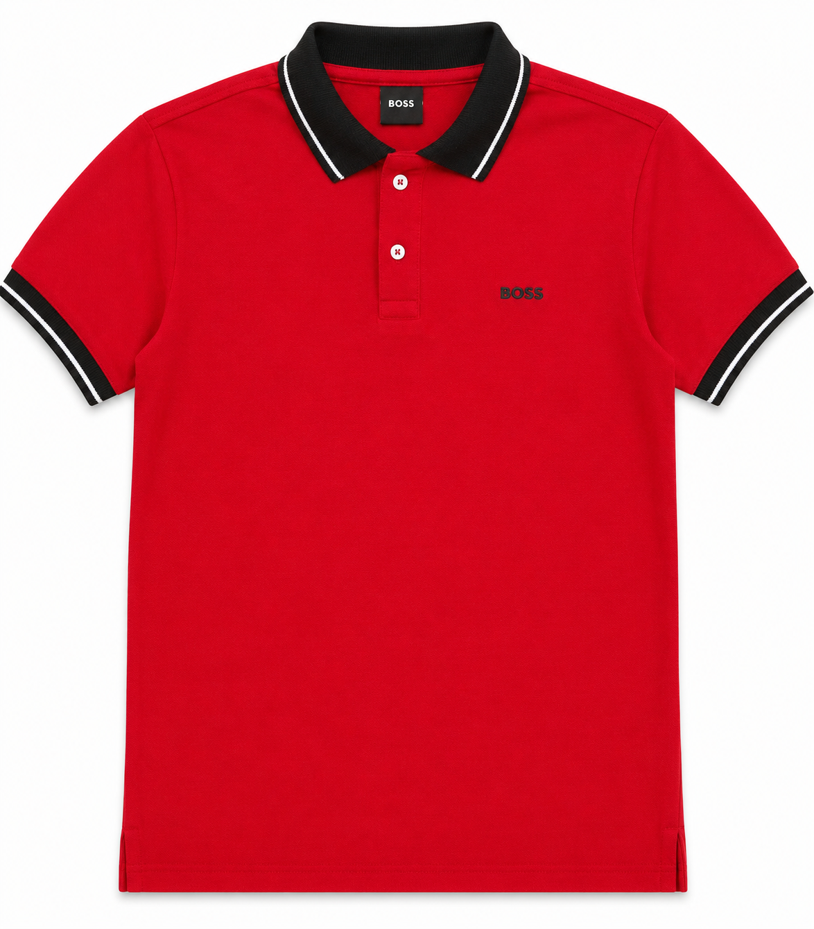 Playera Caballero Tipo Polo B@SS Roja con Cuello Negro y Líneas Blancas