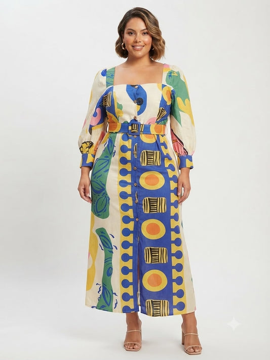 Vestido Dama Largo Estampado Multicolor con Cinturón
