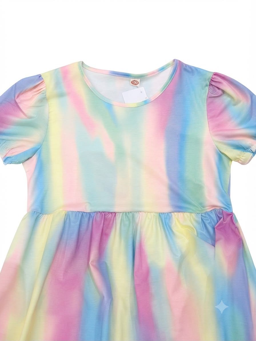 Vestido niña multicolor estilo tie-dye con manga corta y olan