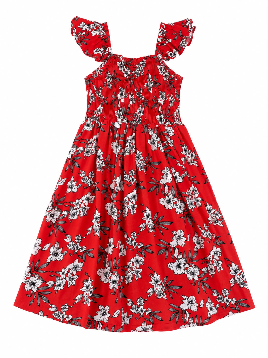 Vestido niña estampado floral rojo con Olanes en hombros