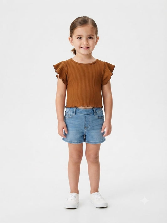 Blusa niña café acanalada con manga de Olanes