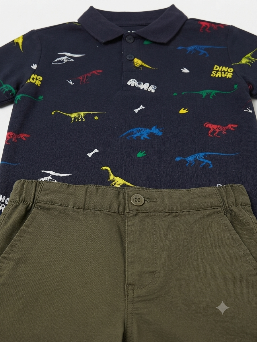 Set niño tipo polo estampado dinosaurios con short casual
