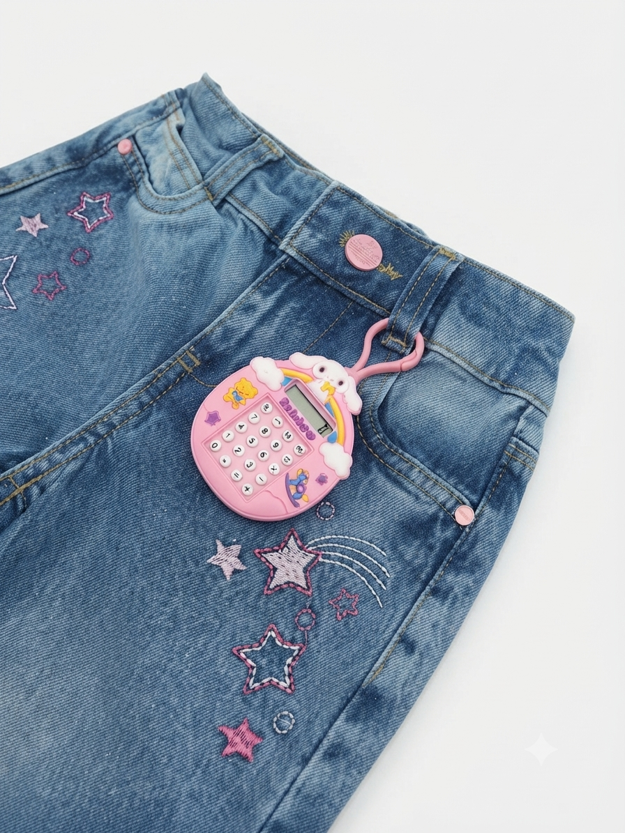 Pantalón niña de mezclilla con bordado de estrellas y calculadora llavero
