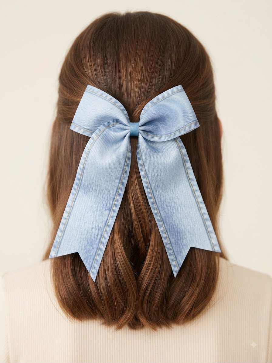 Moño niña efecto mezclilla azul claro con tiras largas