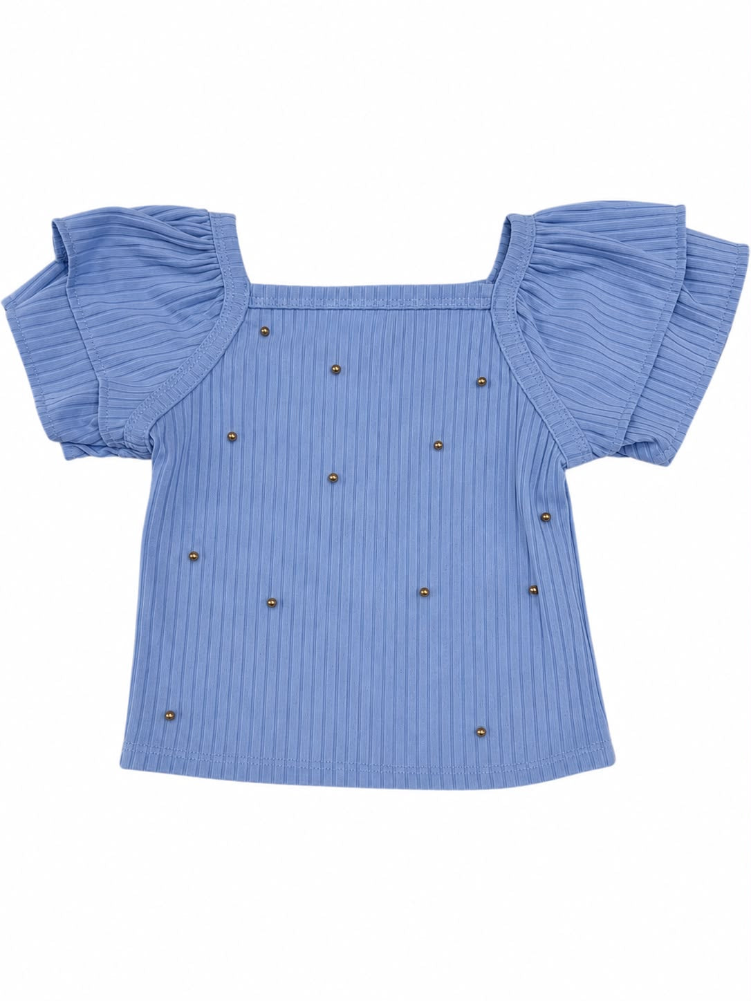 Blusa niña azul cielo acanalada con manga de olanes y aplicaciones