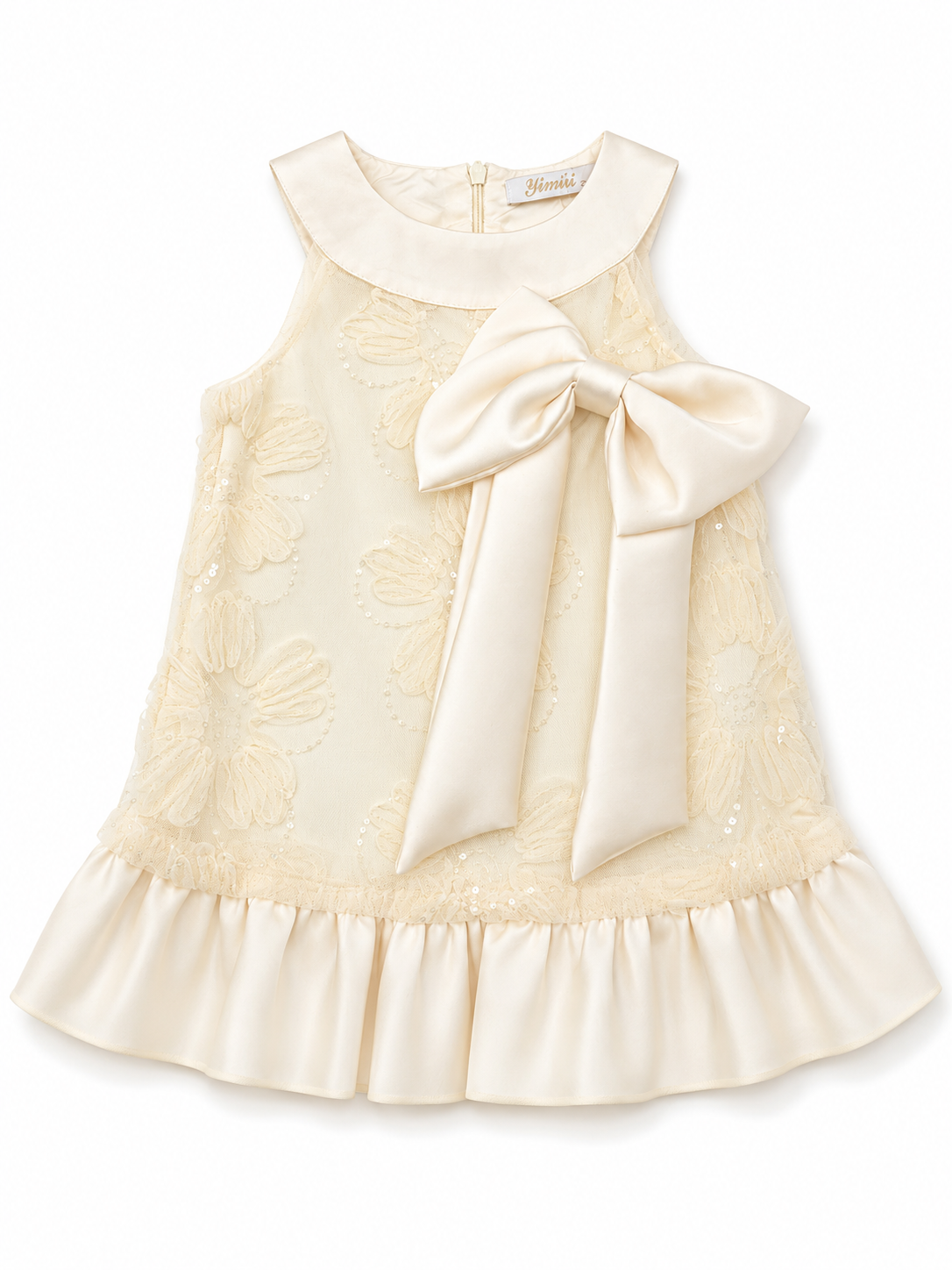 Vestido niña marfil con encaje floral, lentejuelas y moño satinado