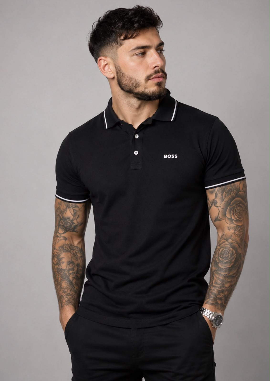 Playera caballero Tipo polo Negra con Detalles Blancos y Bordado Frontal B@SS