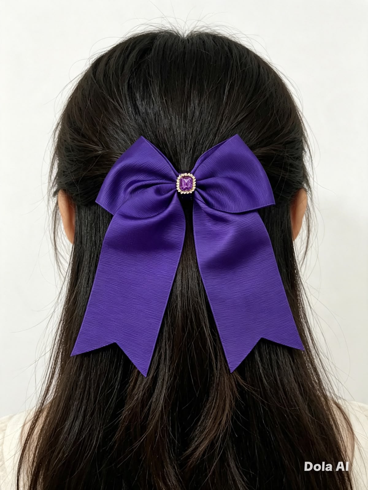 Moño niña morado con pedrería y tiras largas