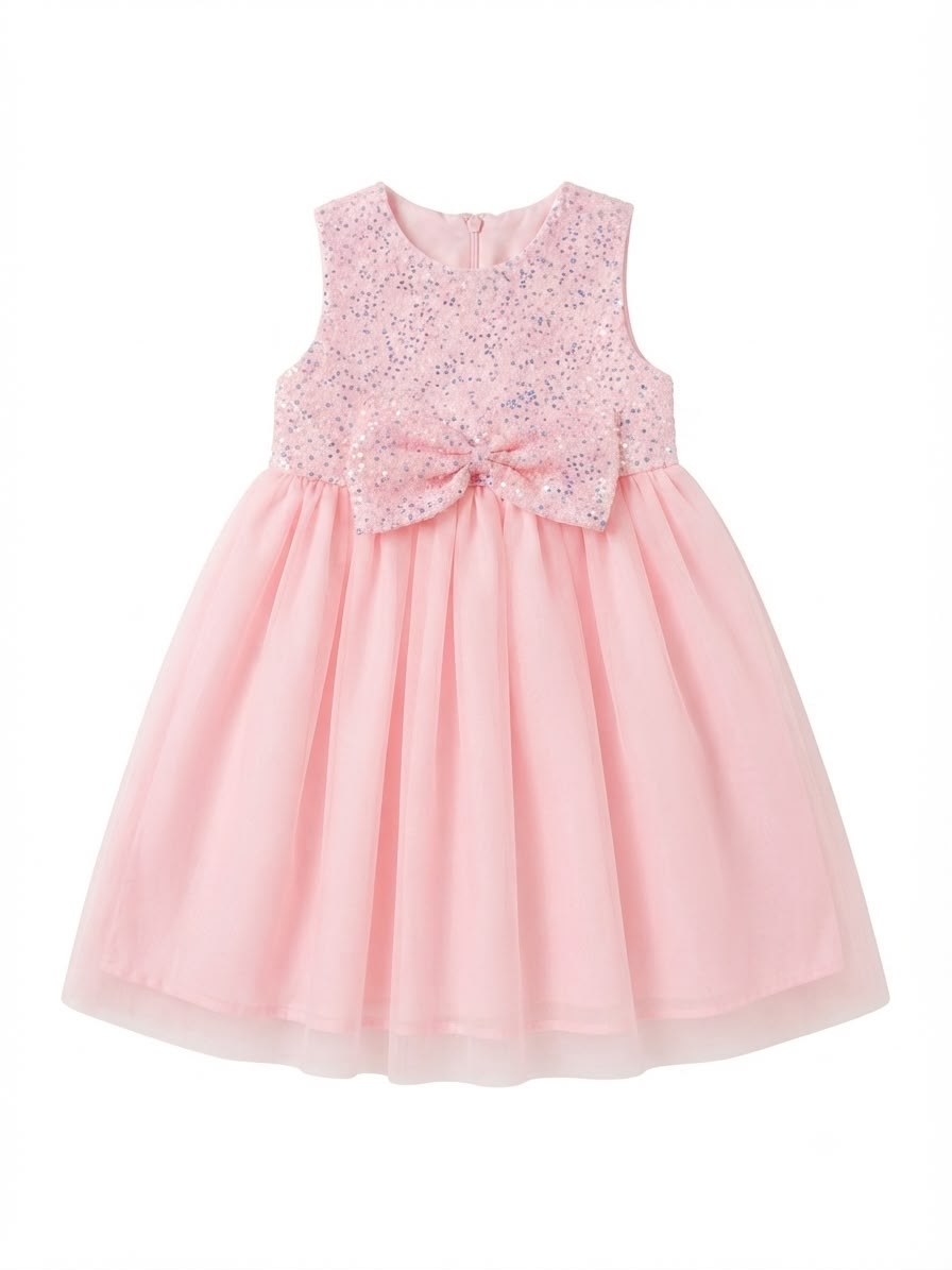 Vestido niña rosa de tul con lentejuelas y moño