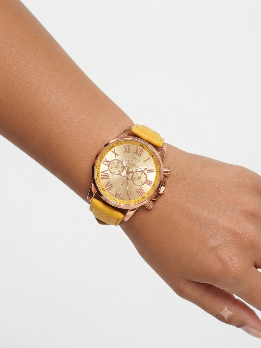 Reloj dama amarillo con bisel oro rosa y carátula dorada