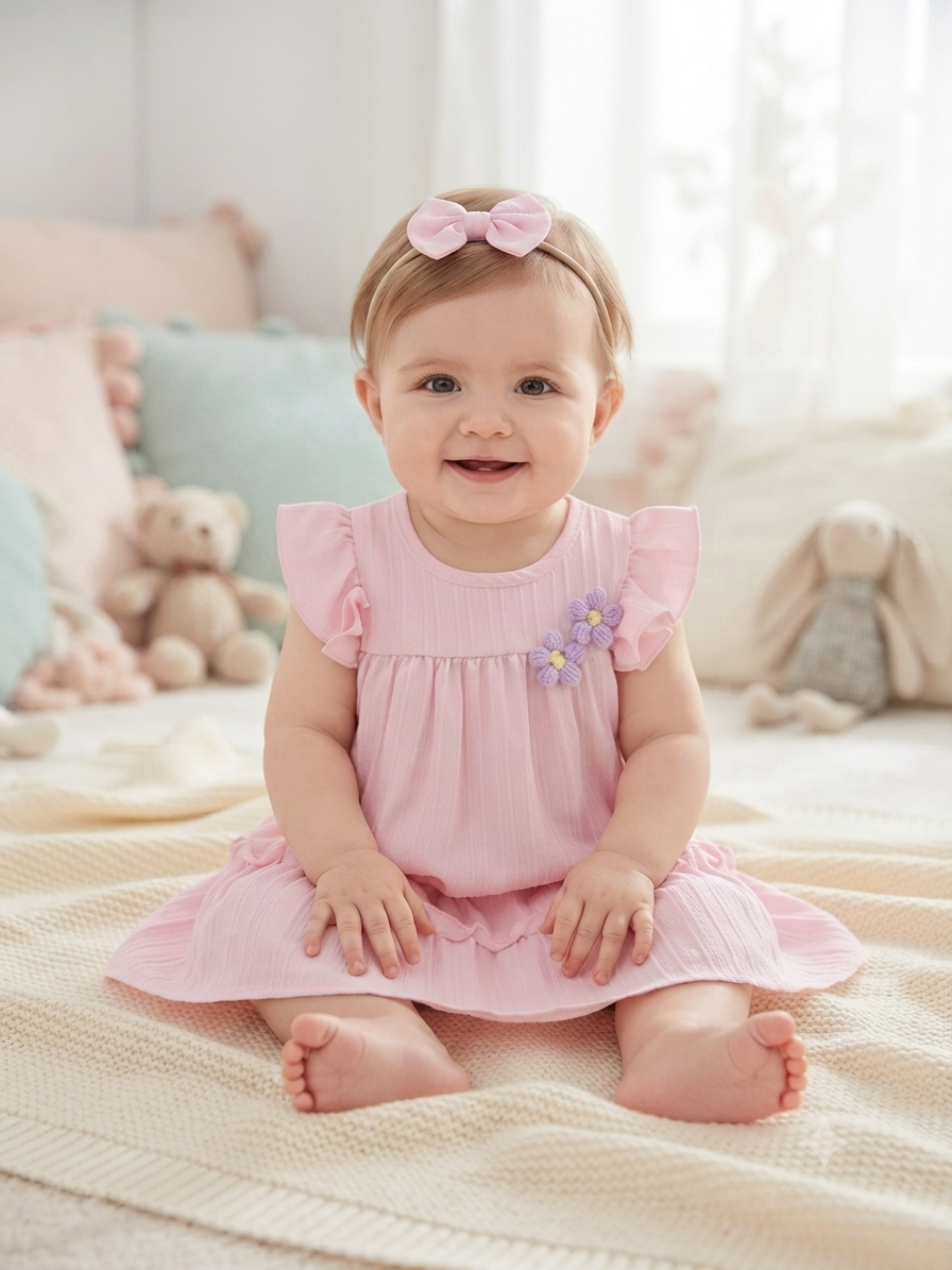 Vestido niña meses rosa con flores y diadema