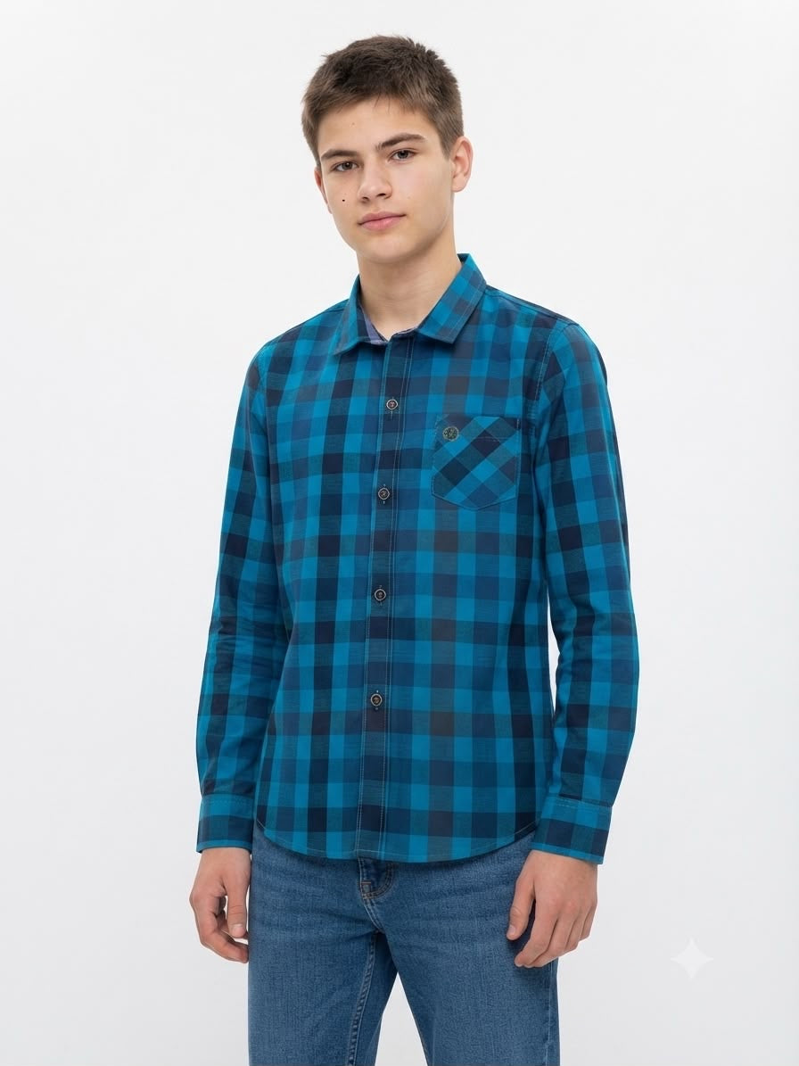 Camisa niño de manga larga a cuadros azul
