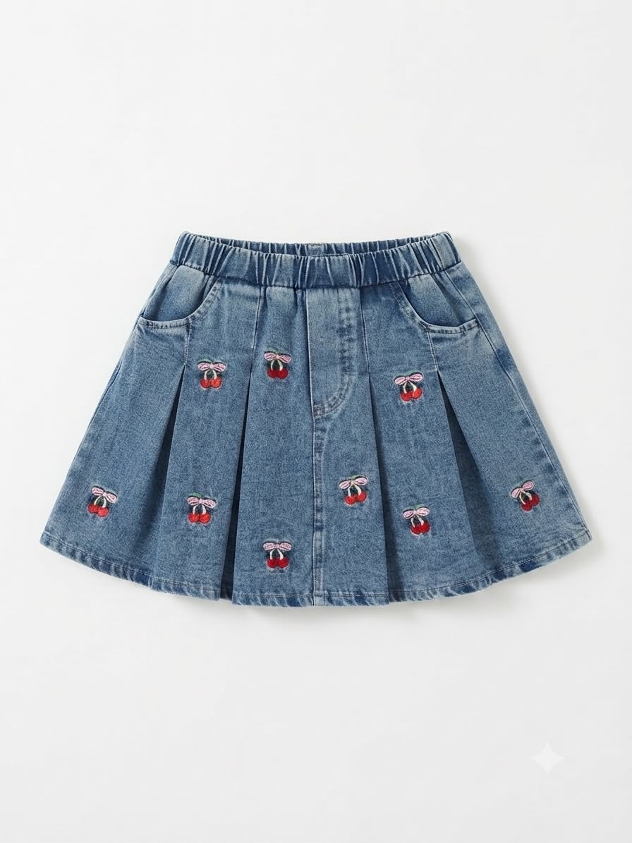 Set niña falda mezclilla bordado cerezas