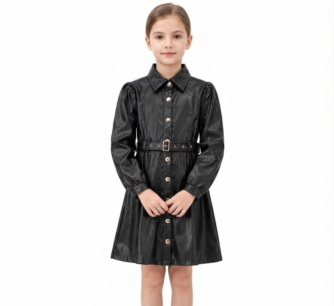 Vestido niña negro efecto piel con cinturón 🖤✨
