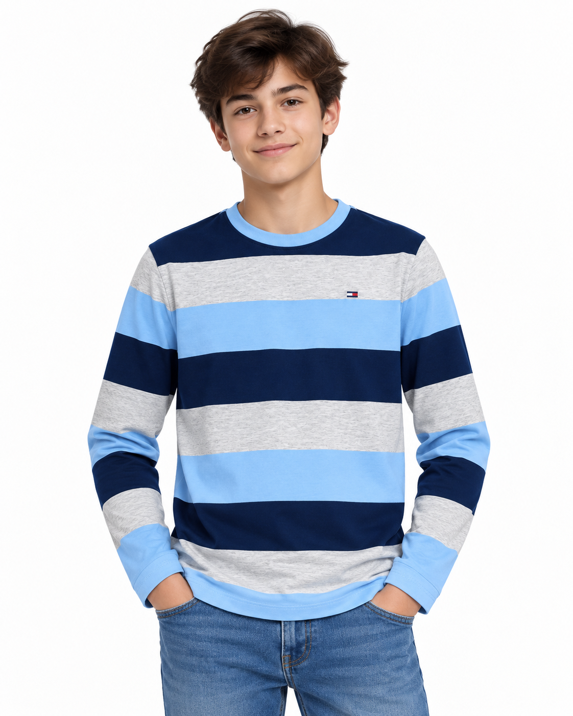 Playera niño manga larga a rayas azules