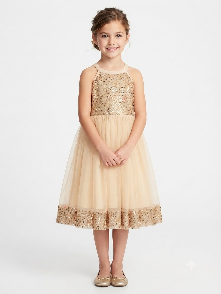 Vestido niña de tul beige con lentejuelas doradas