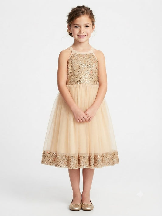 Vestido niña de tul beige con lentejuelas doradas