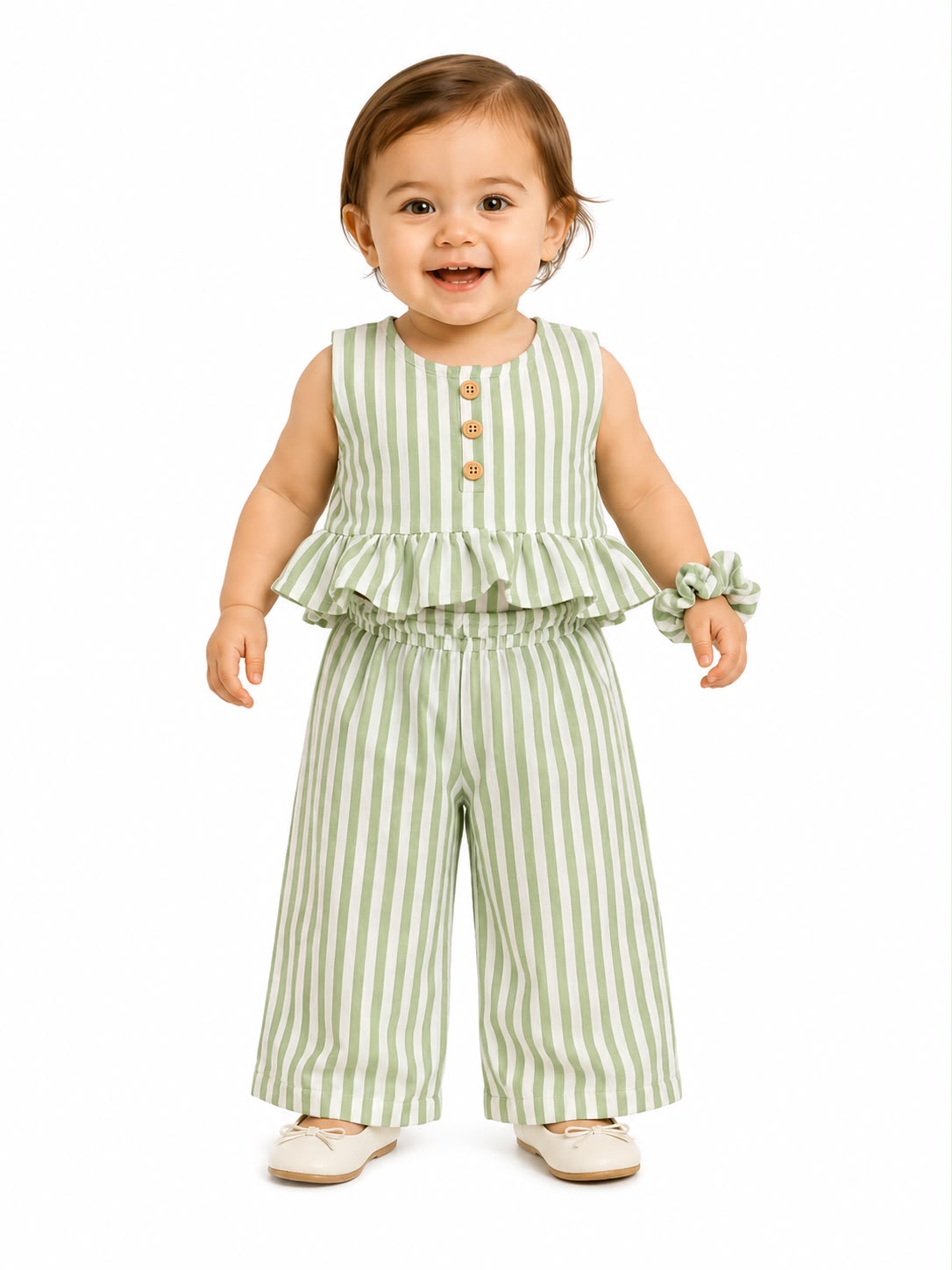 Conjunto niña meses blusa y pantalón a rayas con diadema – Verde