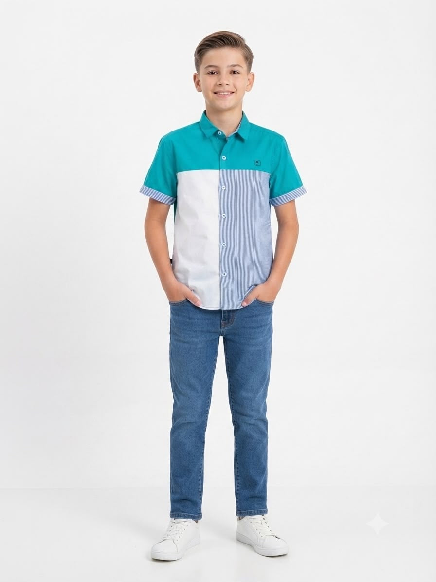 Camisa niño manga corta combinada azul