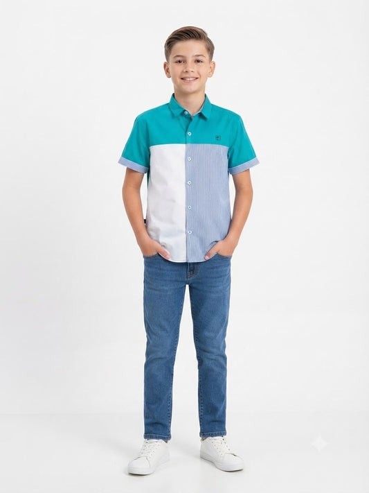 Camisa niño manga corta combinada azul