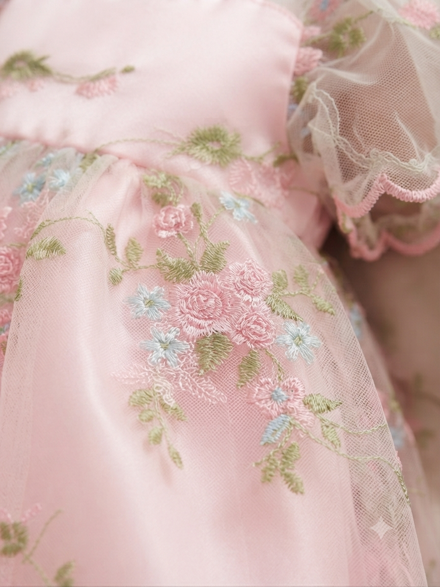 Vestido niña rosa con tul bordado floral y mangas de organza
