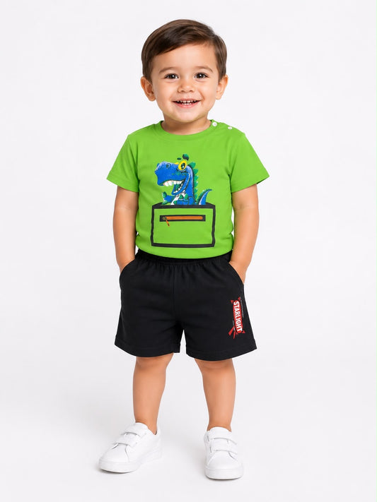 Set niño playera dinosaurio verde con short negro