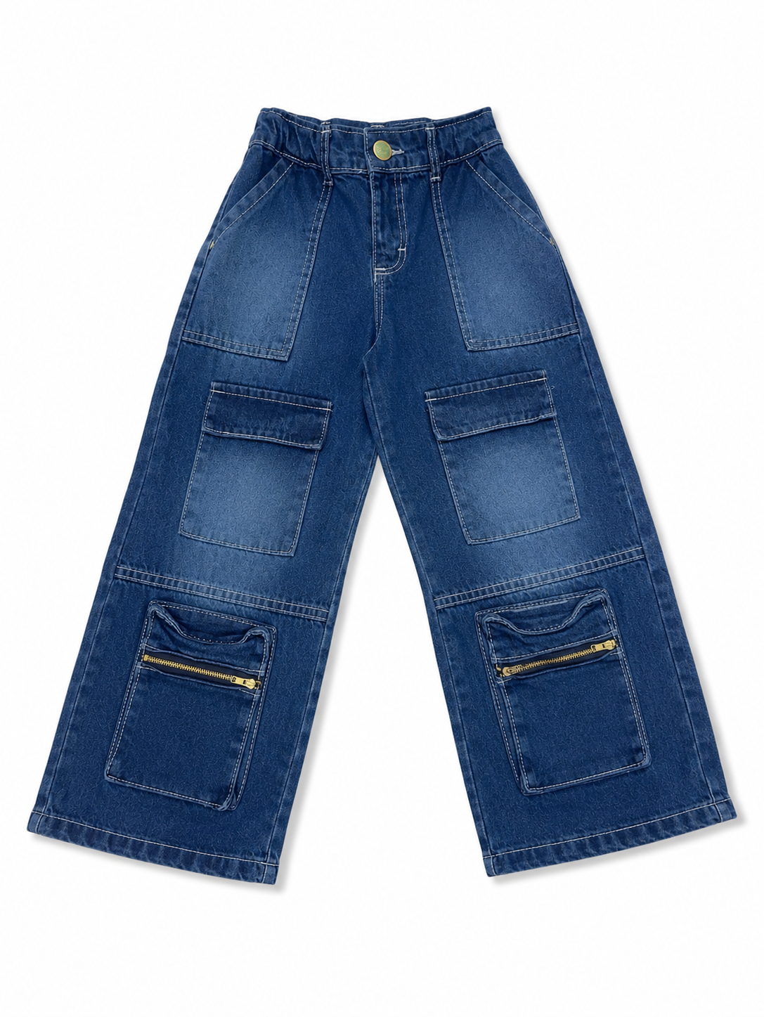 Pantalón niña cargo wide leg de mezclilla con bolsillos y cierres
